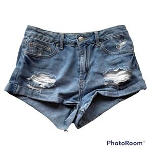 Forever 21 Denim Jean Short Distressed Blue size 27 Booty High Rise Waist